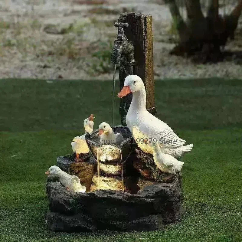 Decorative Solar Duck & Squirrel Water Fountain with LED Light | Weatherproof Resin Garden Statue for Terrace & Balcony