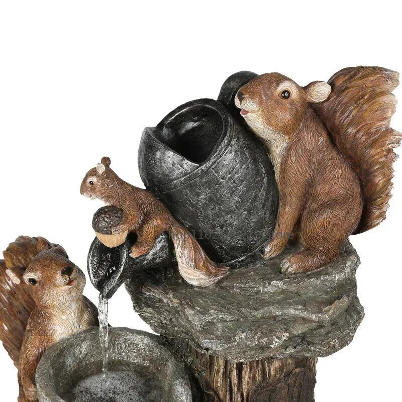 Decorative Solar Duck & Squirrel Water Fountain with LED Light | Weatherproof Resin Garden Statue for Terrace & Balcony