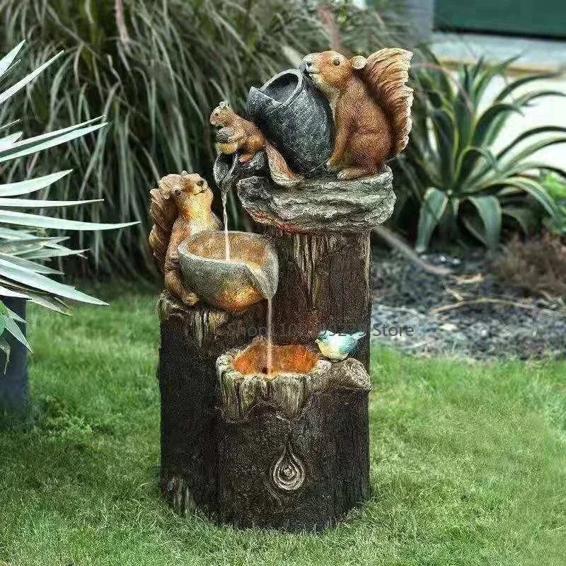 Decorative Solar Duck & Squirrel Water Fountain with LED Light | Weatherproof Resin Garden Statue for Terrace & Balcony