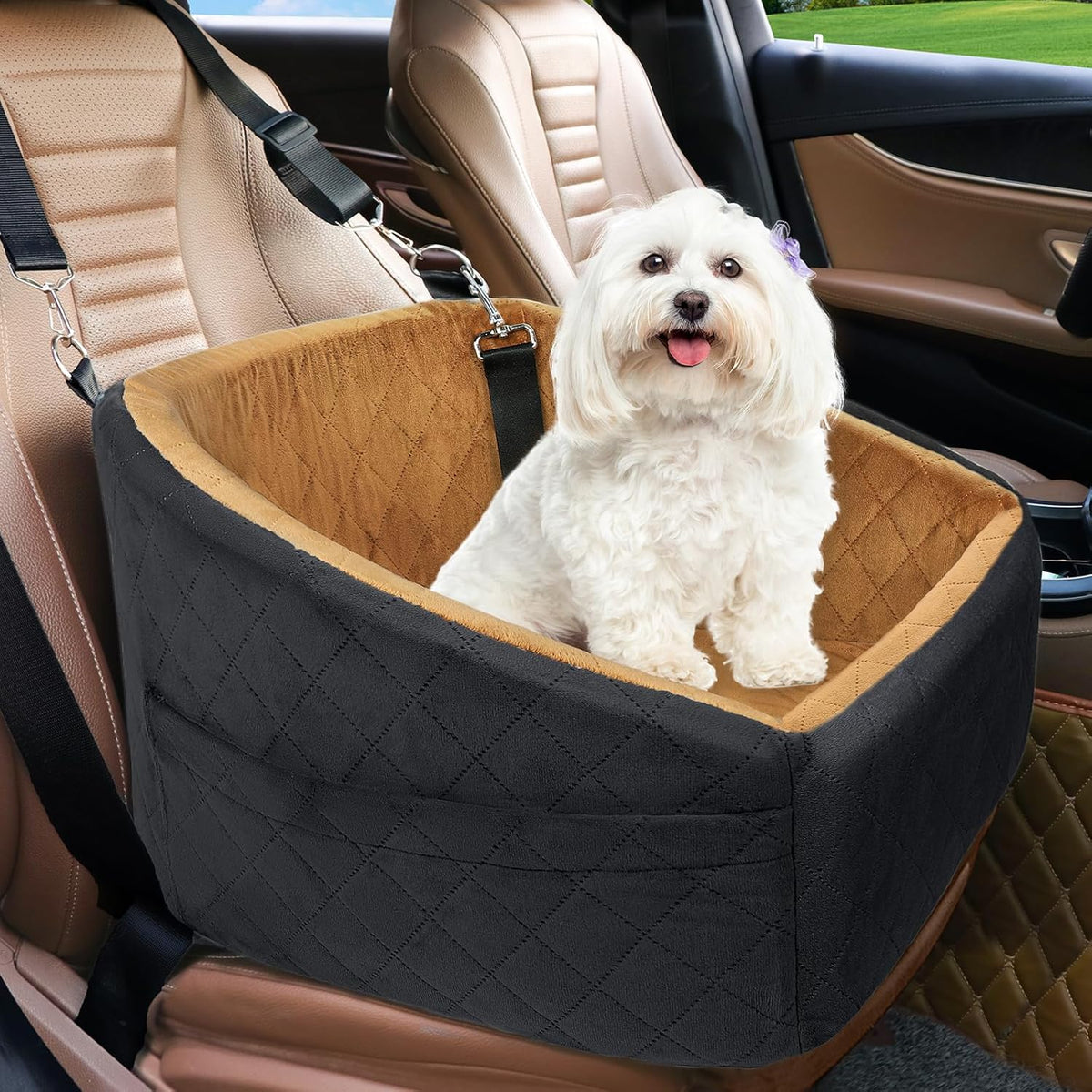 Dog Car Seat with Seat Belt and Storage Compartments