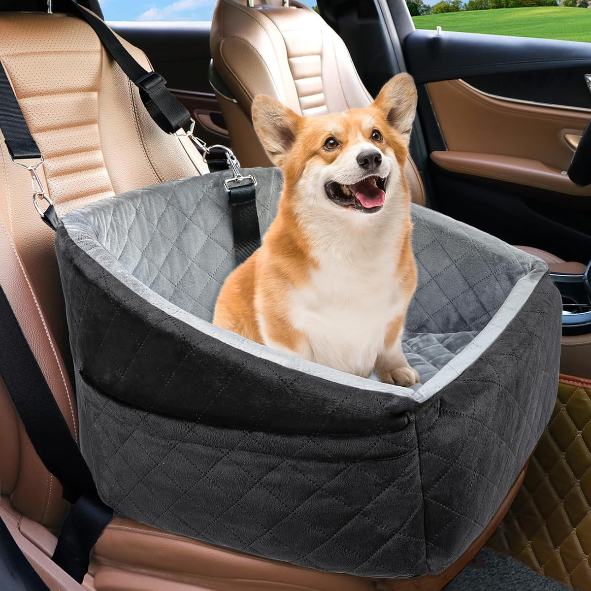Dog Car Seat with Seat Belt and Storage Compartments