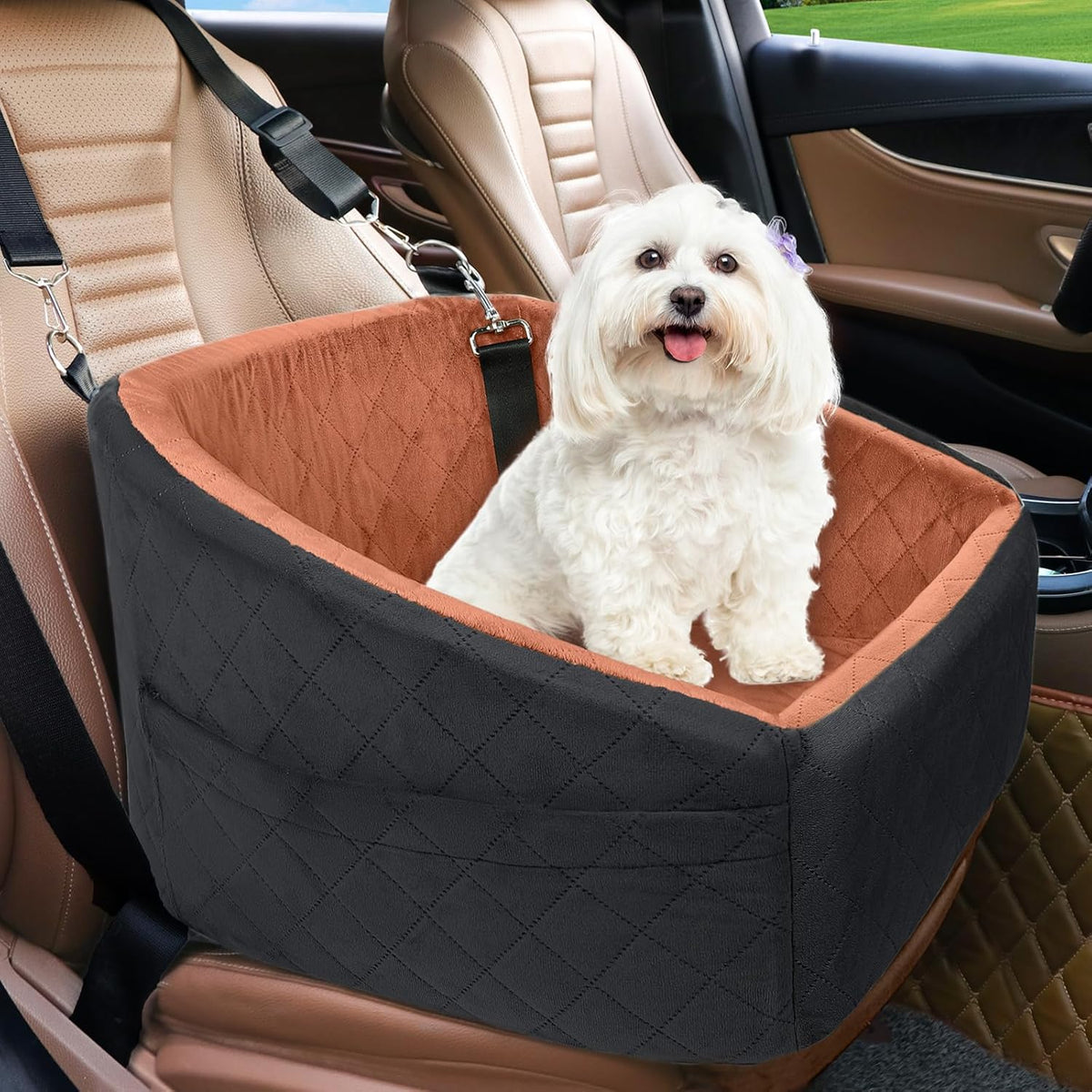 Dog Car Seat with Seat Belt and Storage Compartments