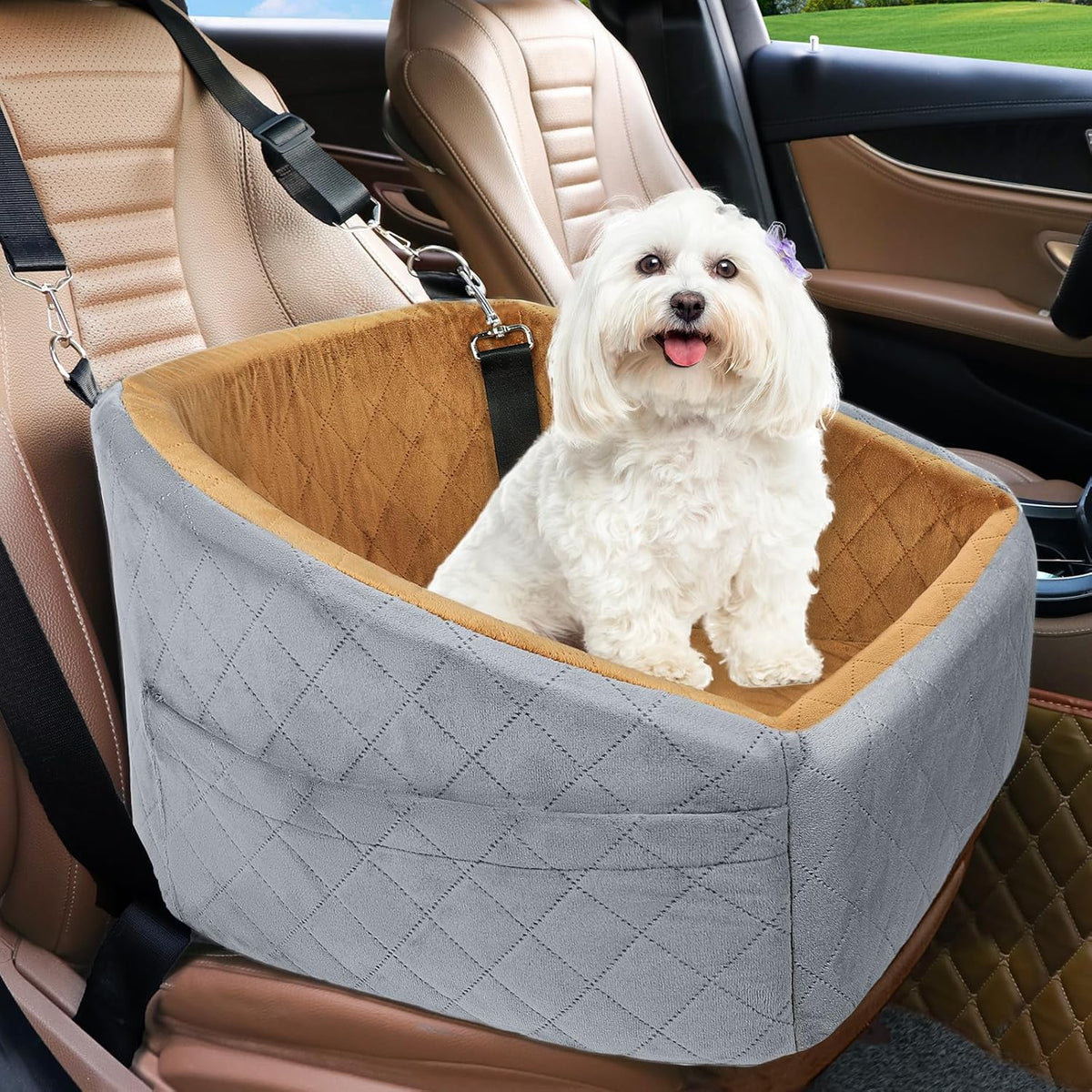 Dog Car Seat with Seat Belt and Storage Compartments