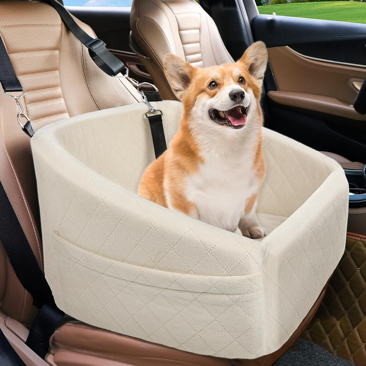 Dog Car Seat with Seat Belt and Storage Compartments