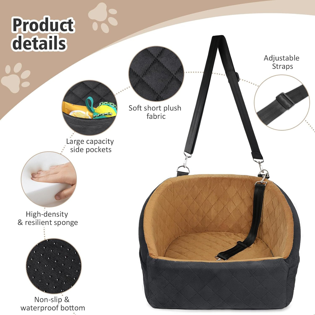 Dog Car Seat with Seat Belt and Storage Compartments