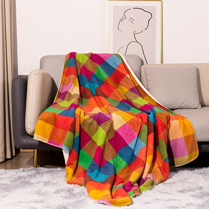 Double-Sided Thick Sherpa and Coral Fleece Blanket with Colorful Plaid Pattern