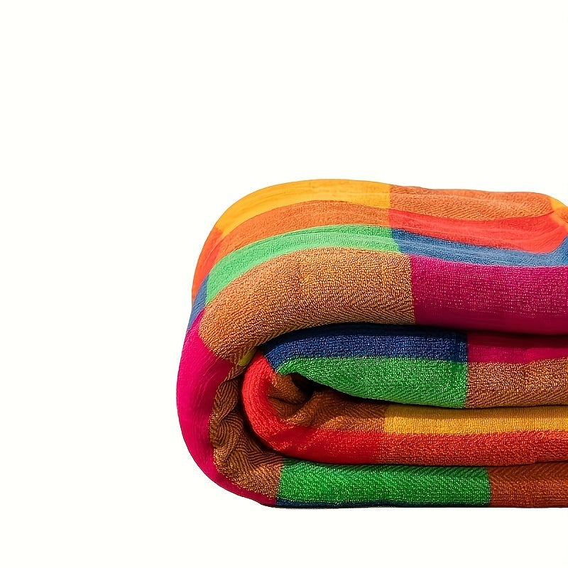 Double-Sided Thick Sherpa and Coral Fleece Blanket with Colorful Plaid Pattern
