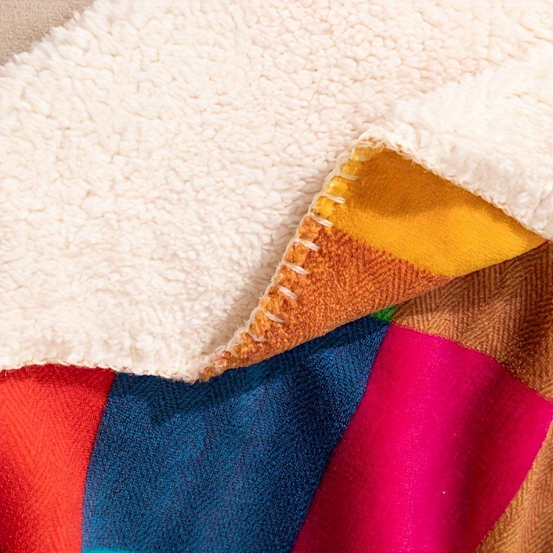 Double-Sided Thick Sherpa and Coral Fleece Blanket with Colorful Plaid Pattern