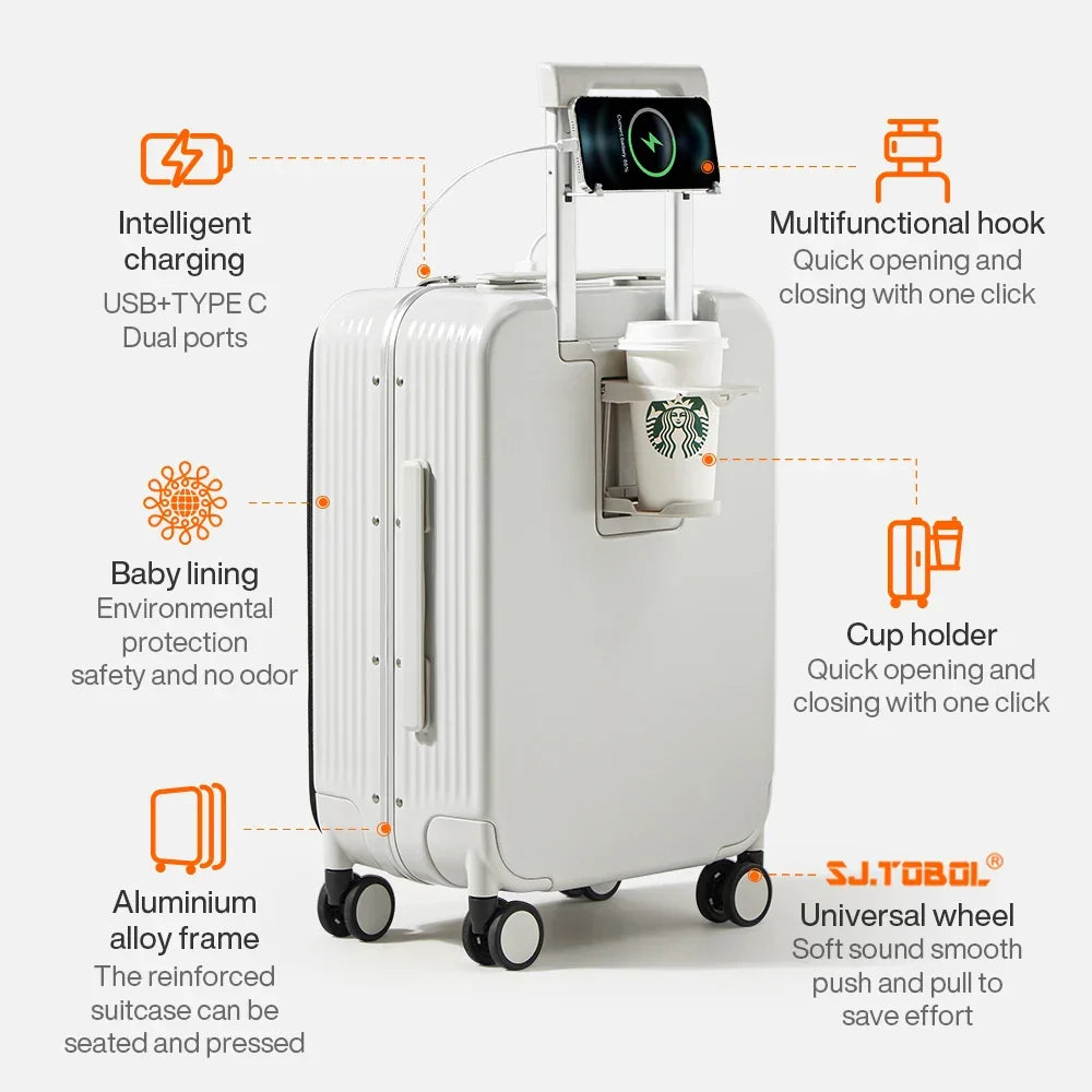 Durable Hardshell Travel Suitcase with USB Port & Cup Holder