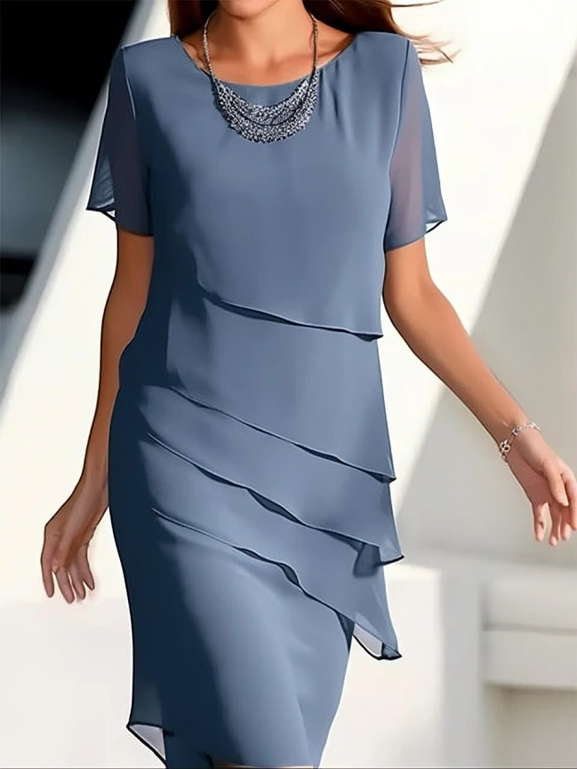 Elegant & Chic Layered Short-Sleeve Midi Dress