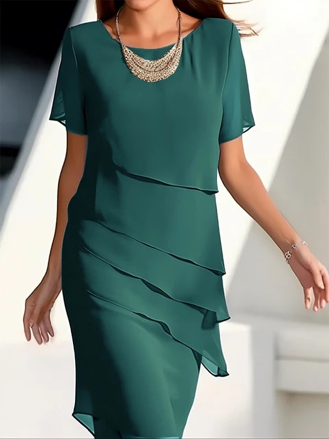 Elegant & Chic Layered Short-Sleeve Midi Dress
