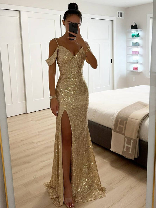 Elegant V-Neck Sequin Long Evening Dress with Slit