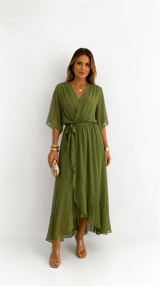 Elegant Women's Maxi Dress with Puff Sleeves and Adjustable Waist Belt