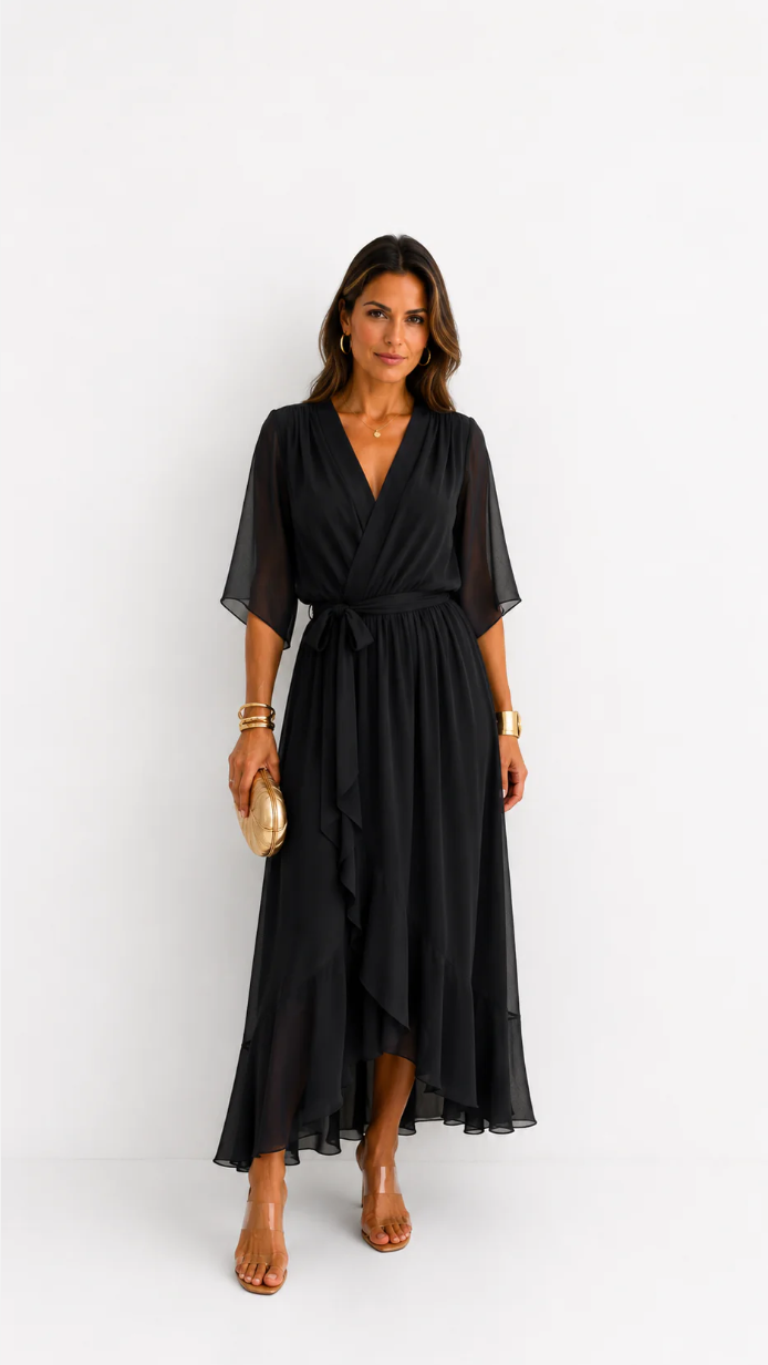 Elegant Women's Maxi Dress with Puff Sleeves and Adjustable Waist Belt