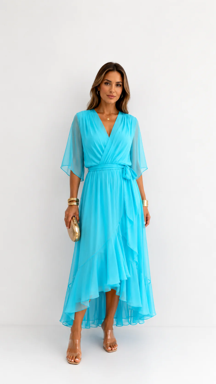 Elegant Women's Maxi Dress with Puff Sleeves and Adjustable Waist Belt