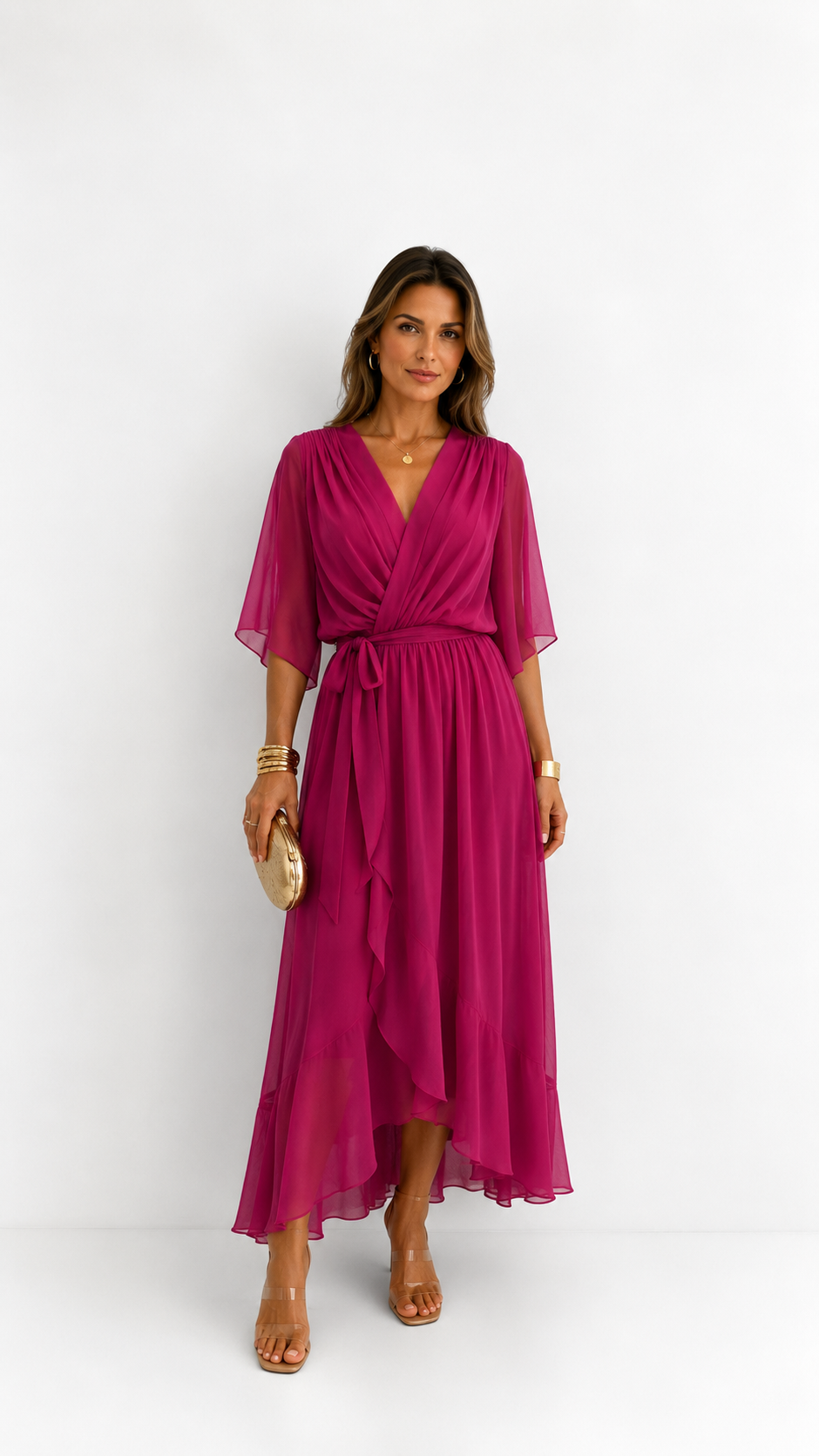 Elegant Women's Maxi Dress with Puff Sleeves and Adjustable Waist Belt