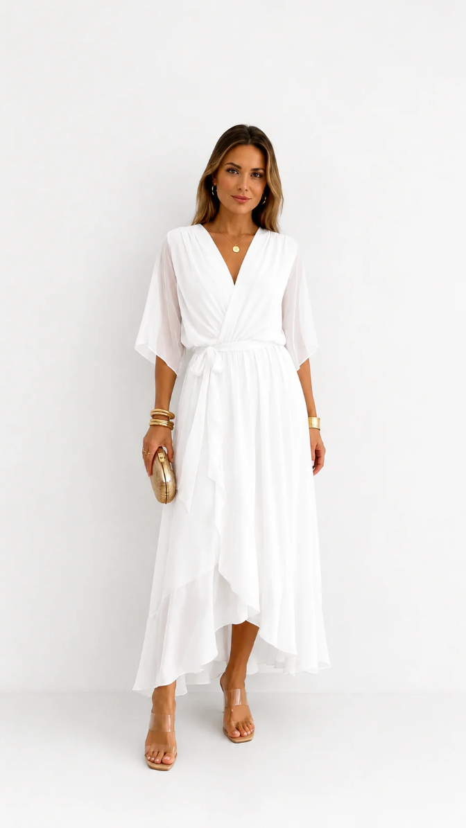 Elegant Women's Maxi Dress with Puff Sleeves and Adjustable Waist Belt
