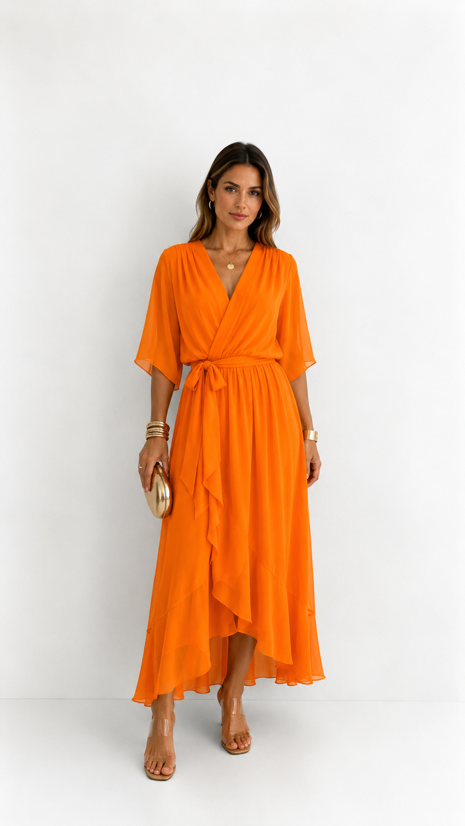 Elegant Women's Maxi Dress with Puff Sleeves and Adjustable Waist Belt