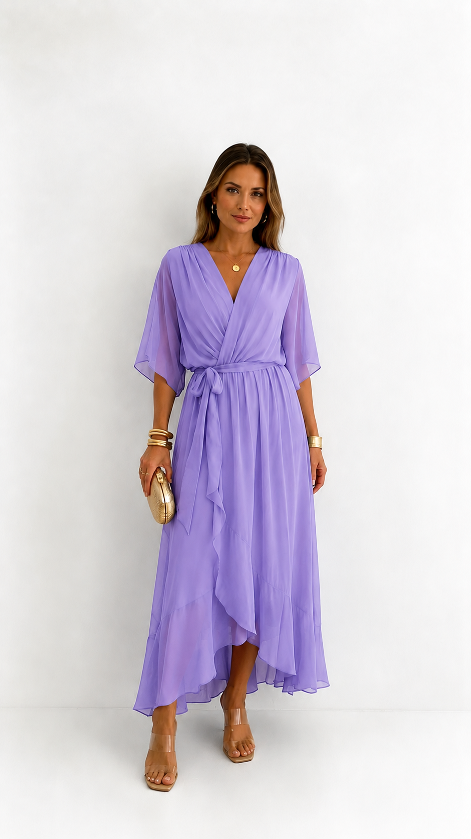 Elegant Women's Maxi Dress with Puff Sleeves and Adjustable Waist Belt