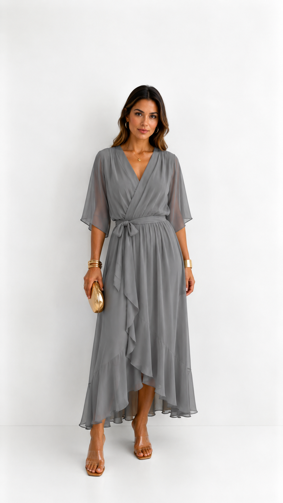 Elegant Women's Maxi Dress with Puff Sleeves and Adjustable Waist Belt
