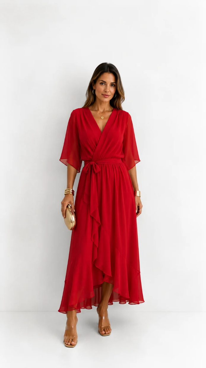 Elegant Women's Maxi Dress with Puff Sleeves and Adjustable Waist Belt