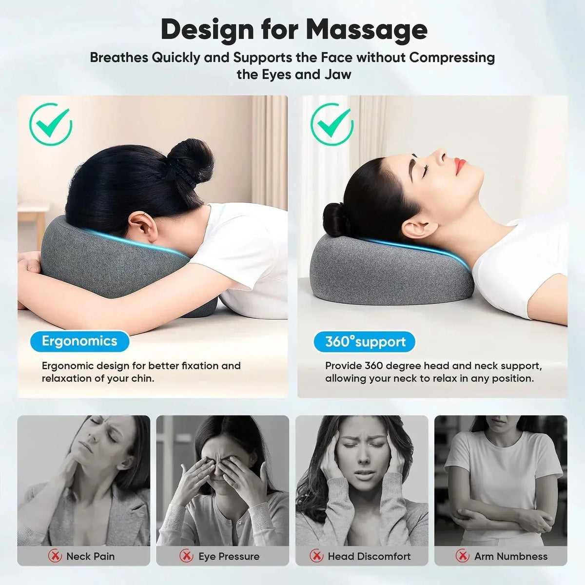 Face Down Pillow for Massage Tables with Contoured Opening