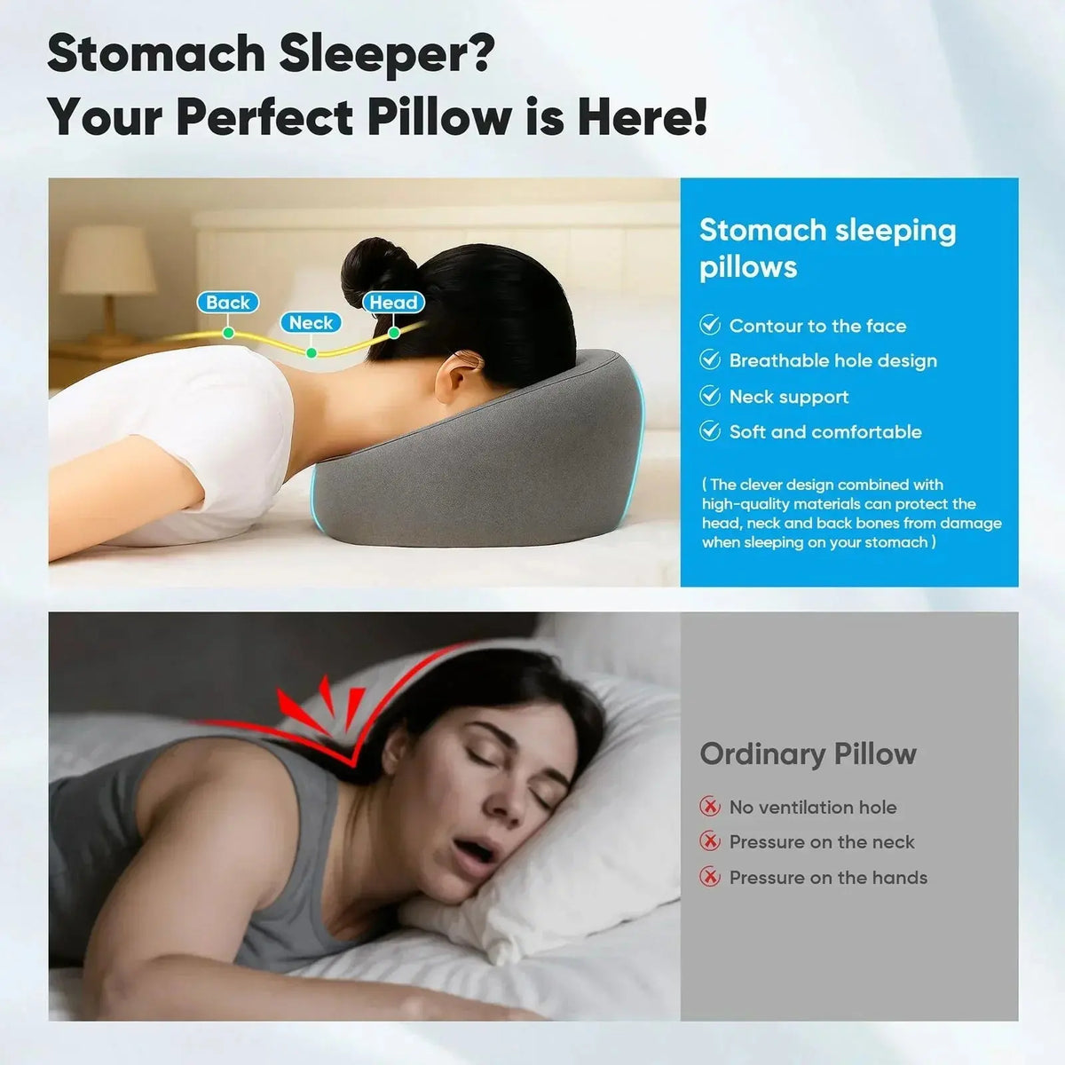 Face Down Pillow for Massage Tables with Contoured Opening