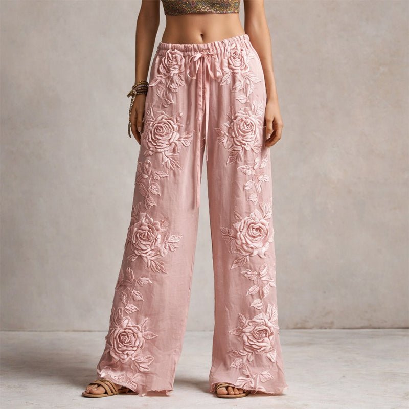 Floral Embroidered Wide-Leg Drawstring Pants