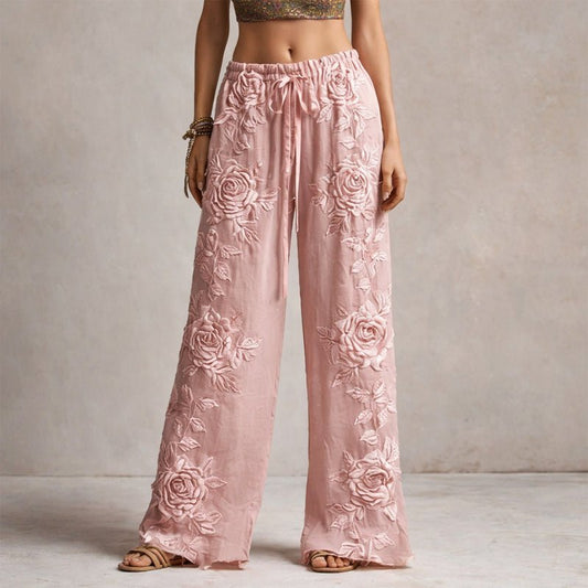 Floral Embroidered Wide-Leg Drawstring Pants