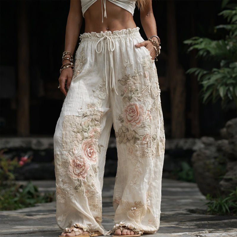 Floral Embroidered Wide-Leg Drawstring Pants