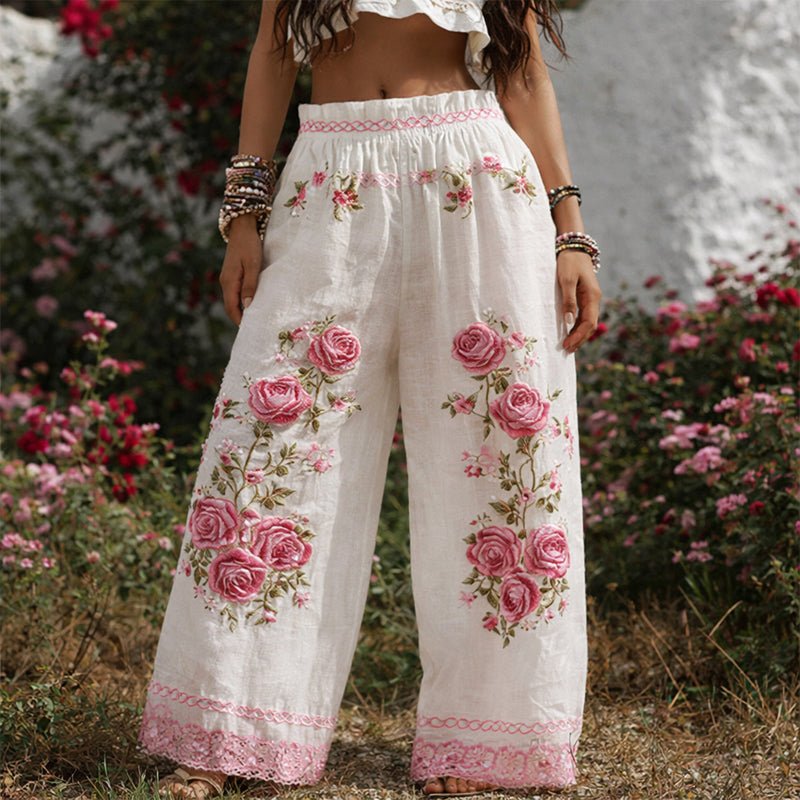 Floral Embroidered Wide-Leg Drawstring Pants