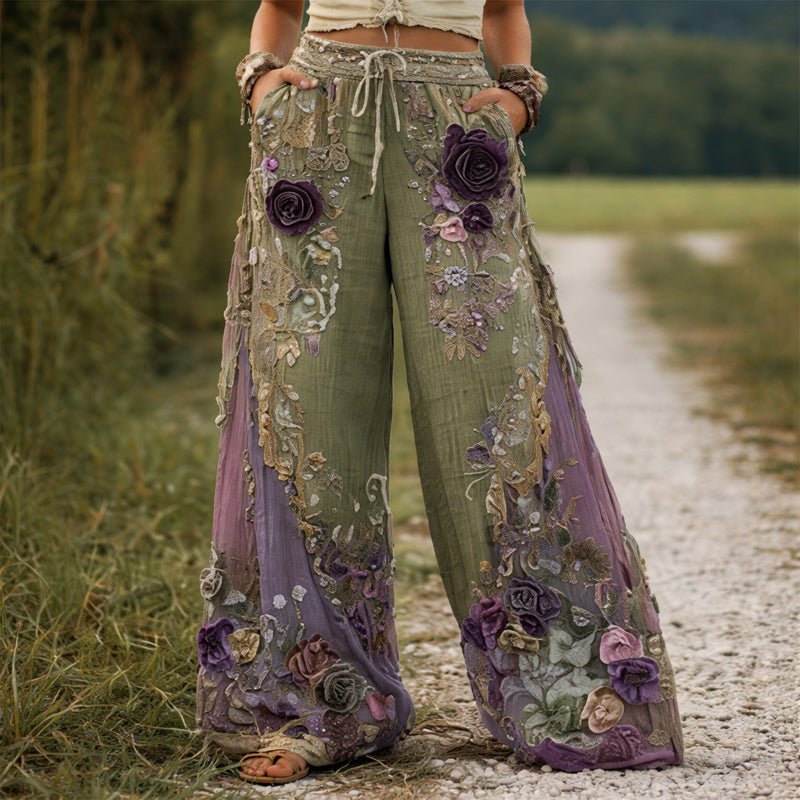 Floral Embroidered Wide-Leg Drawstring Pants