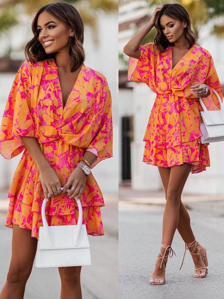 Flowy Bohemian V-Neck Mini Summer Dress