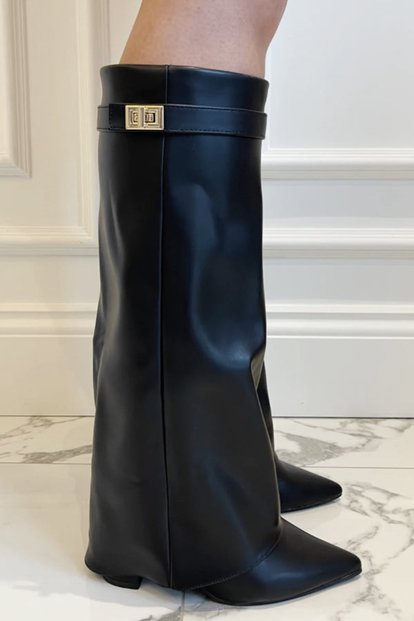 Fold-Over Knee-High Boots with Block Heel