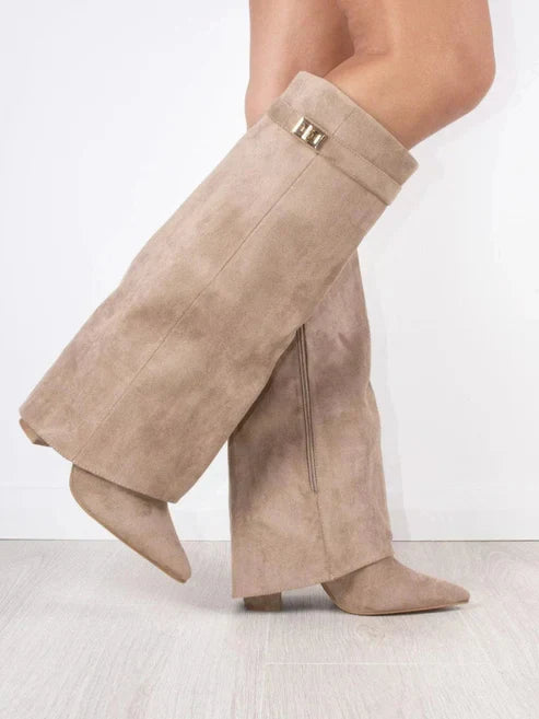 Fold-Over Knee-High Boots with Block Heel