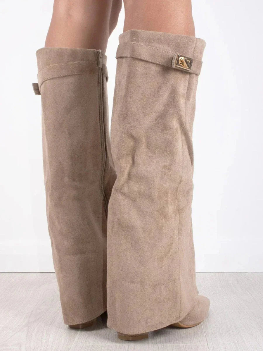 Fold-Over Knee-High Boots with Block Heel