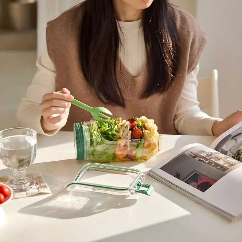 Glass Salad Container with Side Opening and Tight-Sealing Screw Lid