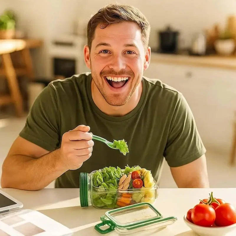 Glass Salad Container with Side Opening and Tight-Sealing Screw Lid