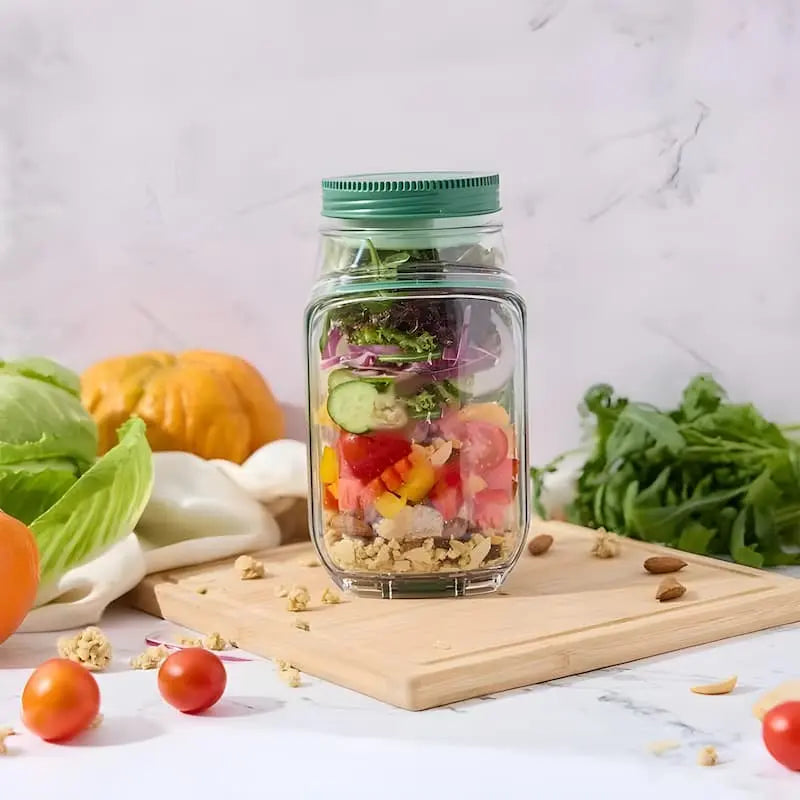Glass Salad Container with Side Opening and Tight-Sealing Screw Lid