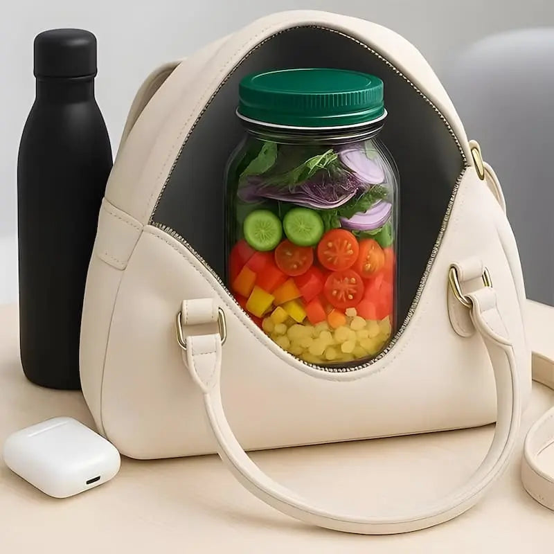 Glass Salad Container with Side Opening and Tight-Sealing Screw Lid