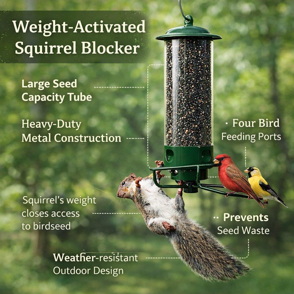 Hanging Squirrel-Proof Metal Tube Bird Feeder for Outdoors and Garden