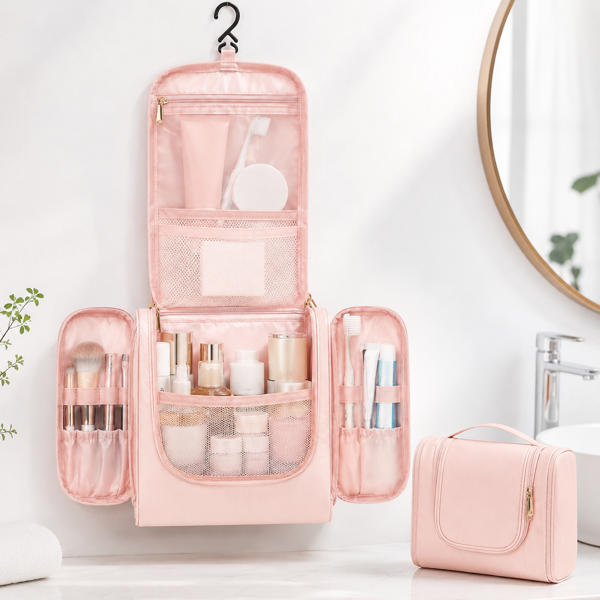 Hanging Travel Toiletry Organizer Bag with Multiple Compartments and Hook