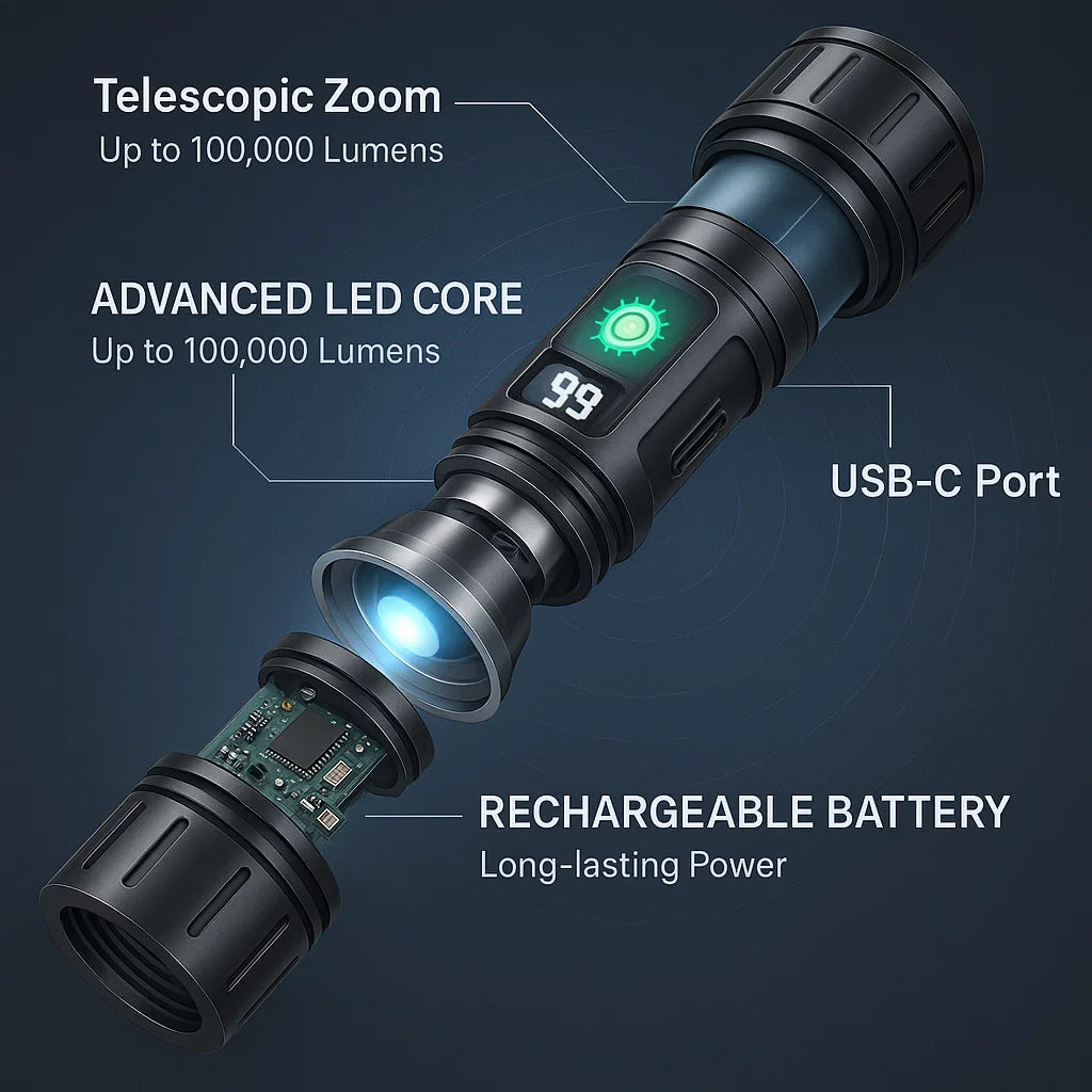 High-Powered 100,000-Lumen Tactical Flashlight