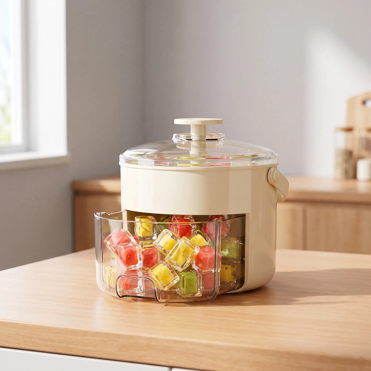 Ice Cube Maker with Integrated Storage Box