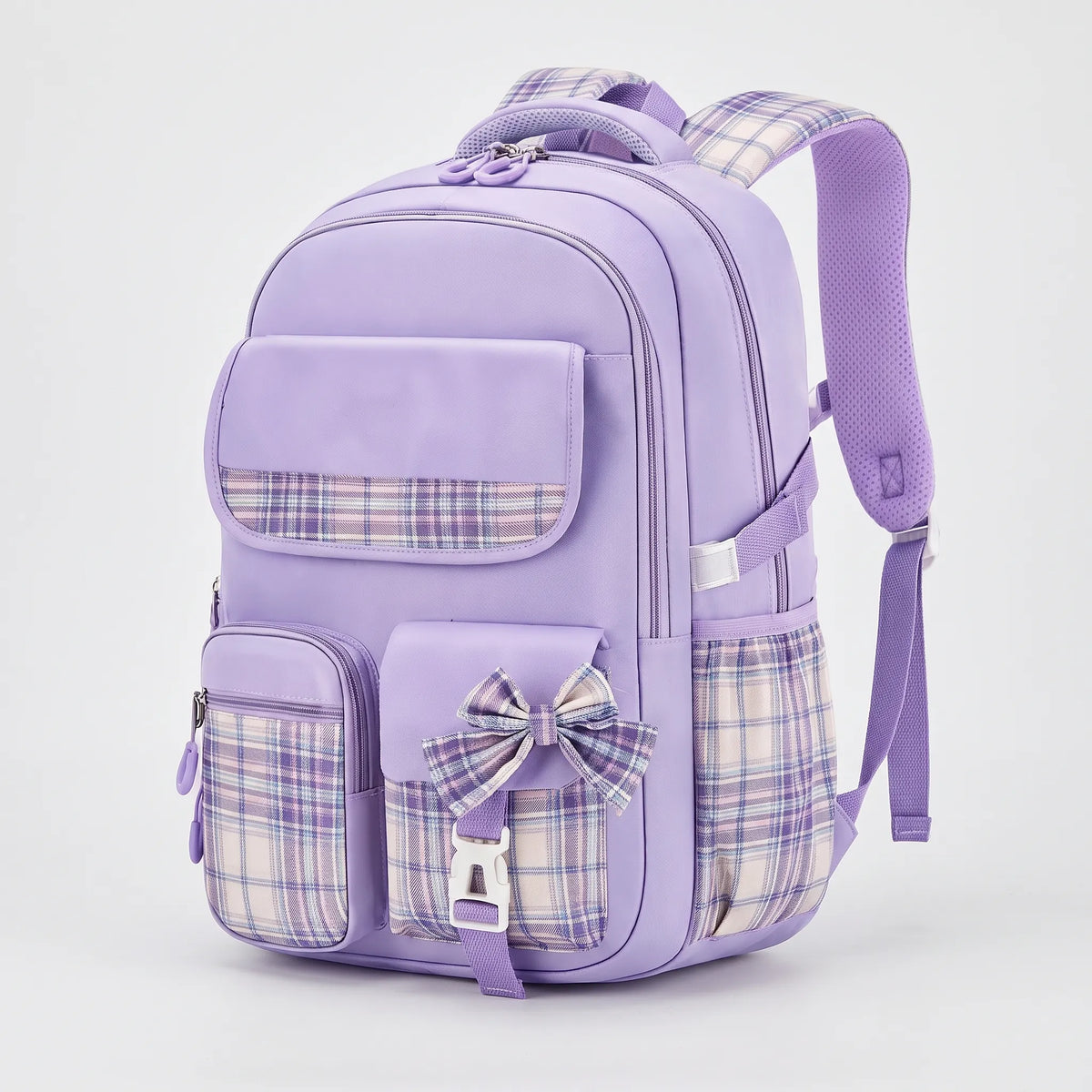Kids' Polyester School Backpack with Plaid Details