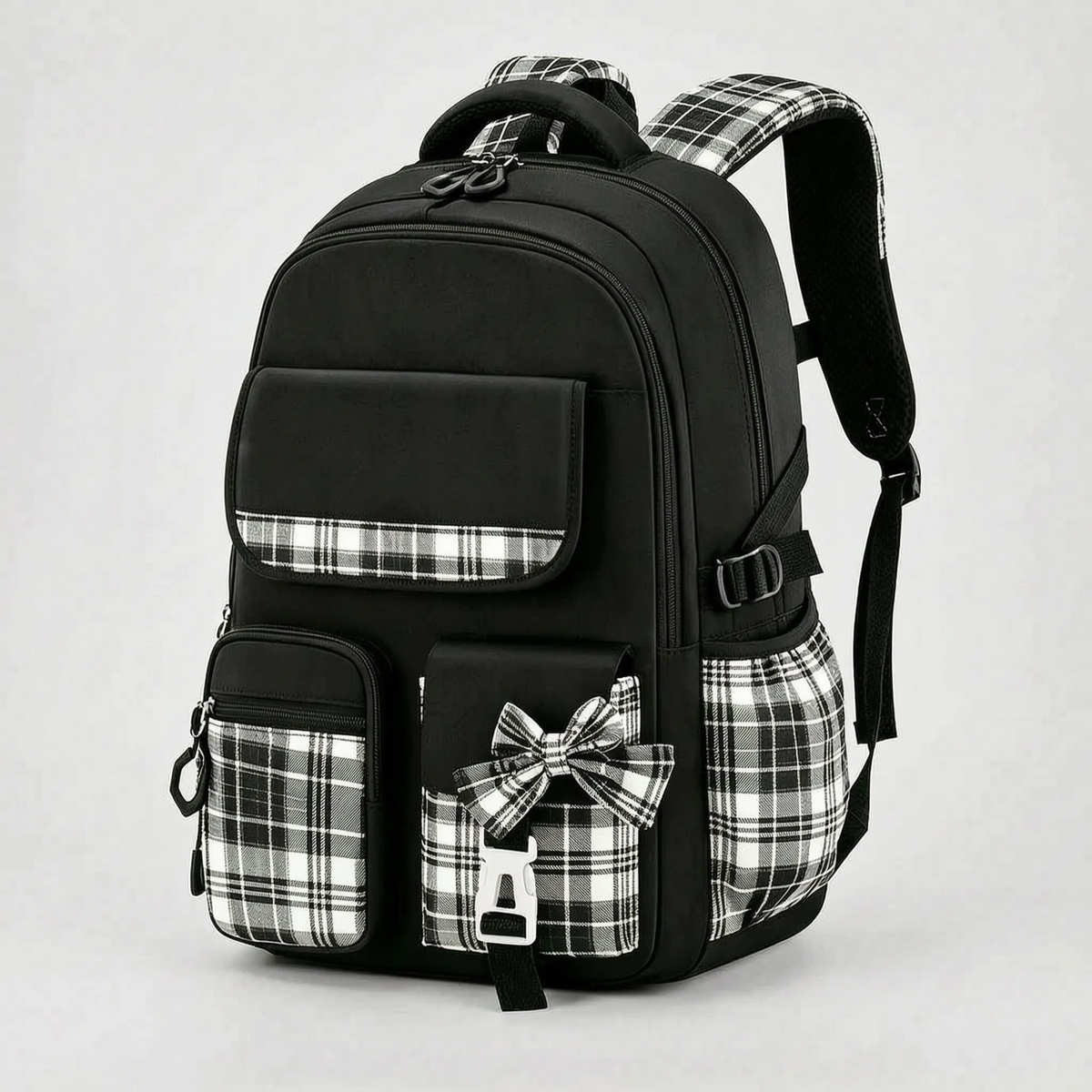 Kids' Polyester School Backpack with Plaid Details