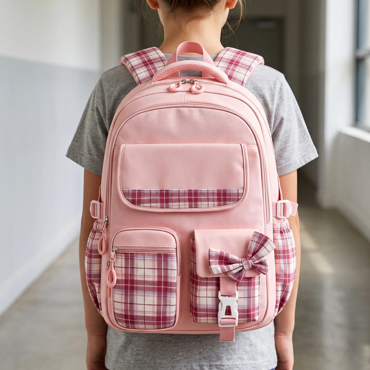 Kids' Polyester School Backpack with Plaid Details