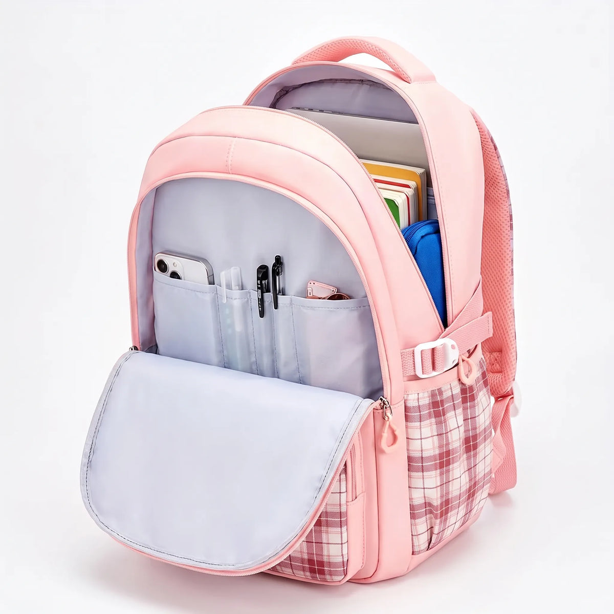 Kids' Polyester School Backpack with Plaid Details