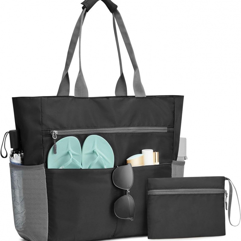 Large Waterproof Beach Bag with Zipper – Spacious, Foldable Beach Tote with 13 Pockets for Summer Getaways