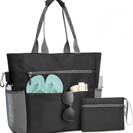 Large Waterproof Beach Bag with Zipper – Spacious, Foldable Beach Tote with 13 Pockets for Summer Getaways
